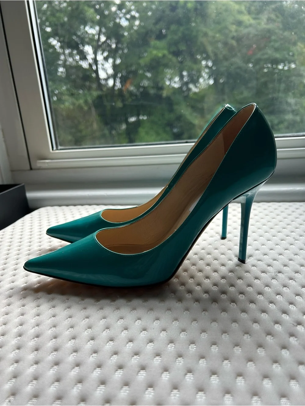 Jimmy Choo Anouk 120 Azora Turquoise Patent Leather Pumps IT 38 US 8